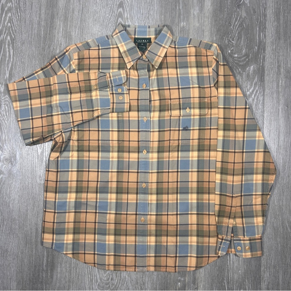 Lauren Ralph Lauren Blue Beige Plaid Cotton Long Sleeve Button-Up Shirt Men's XL